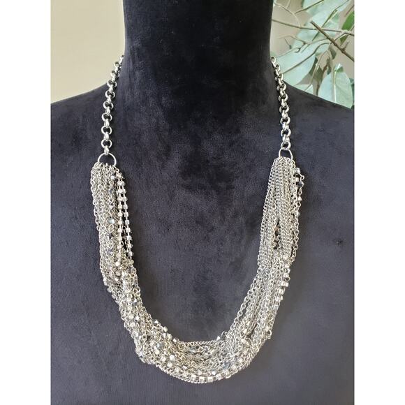 Womens Silver Tone Multi Strand Chains Rhinestone Strings Statement Necklace - Picture 1 of 7